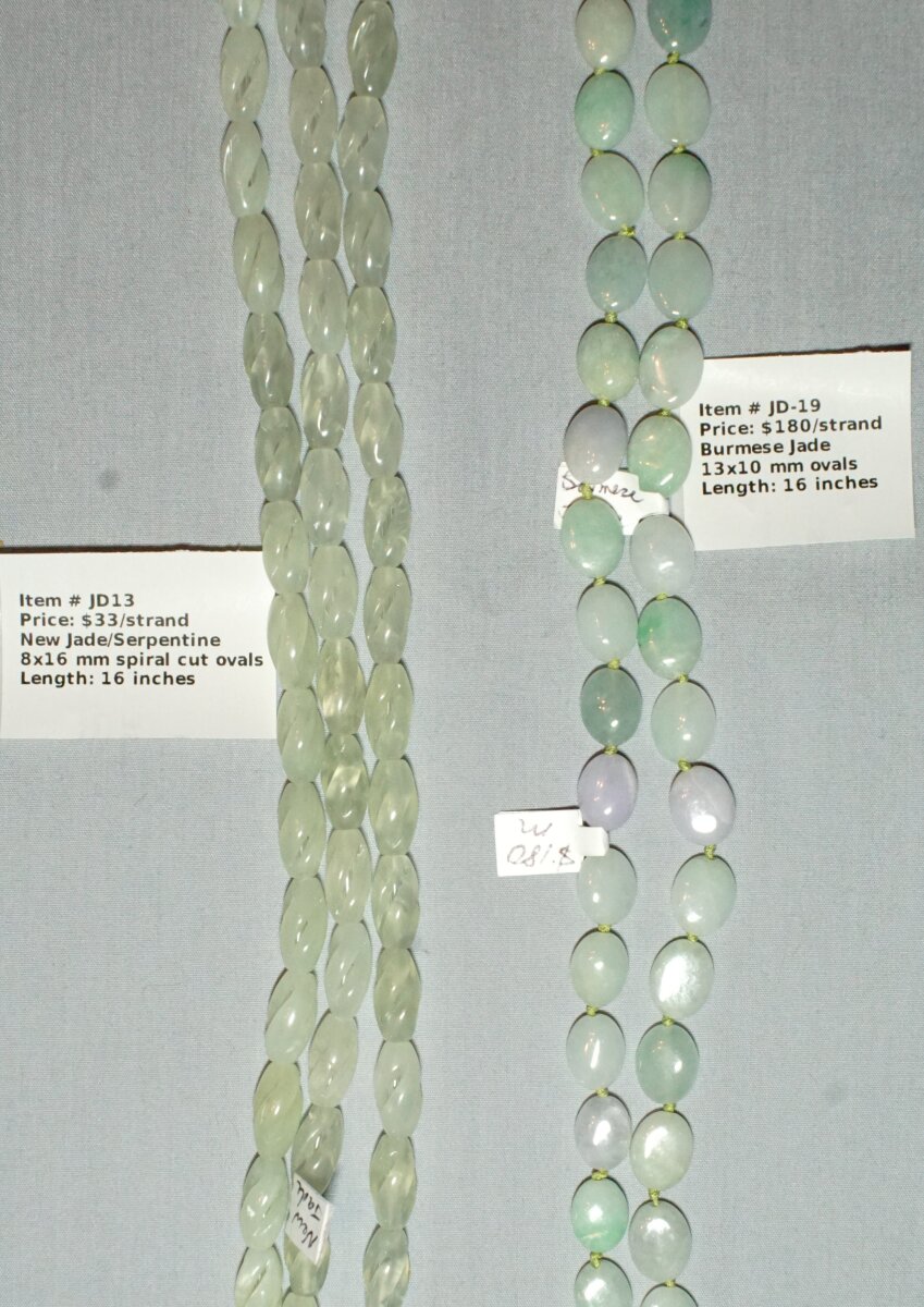 Scaled image Burmesejd-New jade.JPG: Item # JD13-New jade (Serpentine), 8x16 mm spiral cut ovals, $33/strand
Item # JD-19-Burmese Jade 13x10 0vals, $180/strand� 