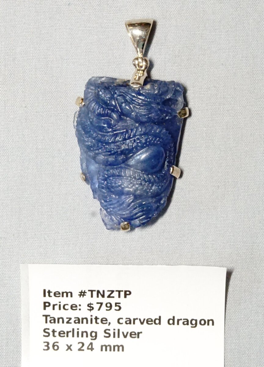 Scaled image Carved tanzanite dragon.JPG: Item # TNZTP-Tanzanite, carved dragon, pendant, Sterling silver, $ 795� 