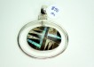 Thumbnail IMG_1861.jpg: Item P25. Price $70. Native American inlaid pendant. Tiger Eye, Jasper, black onyx, and synthetic opal set in sterling silver. The pendant hangs freely from the surrounding sterling ring.� 