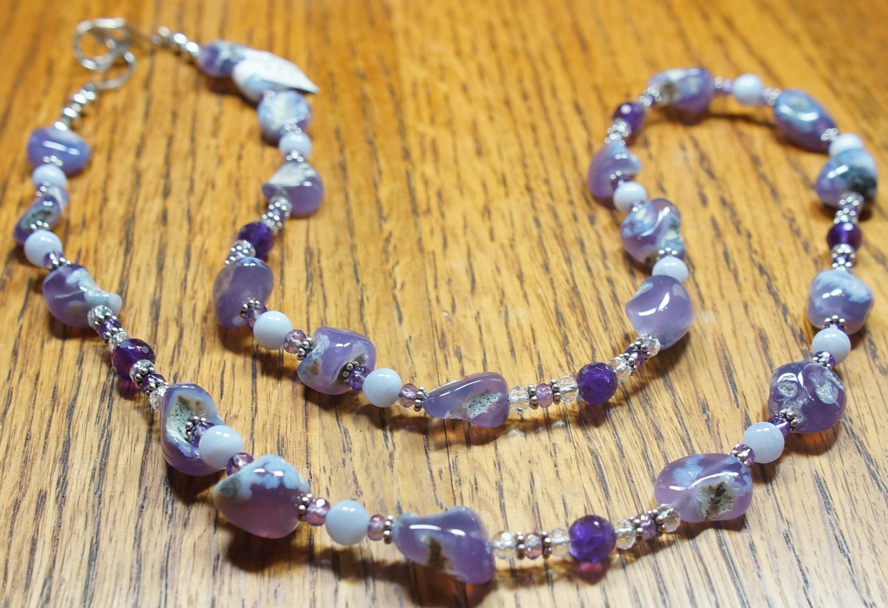Scaled image Chalcedony Amethyst Blue Lace Agate.JPG: Item #20151214. $95. Purple Chalcedony, Blue Lace Agate, Amethyst and Quartz. Sterling Silver Bali Beads and Findings. 27.5 inches long.� 
