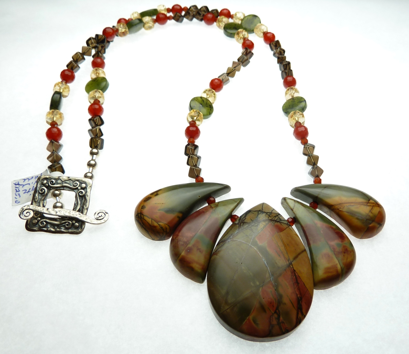 Scaled image P1060596.JPG: Red Creek Jasper, Smoky Quartz, Carnelian, Agate, and Canadian Jade with Sterling Silver findings and clasp.� 