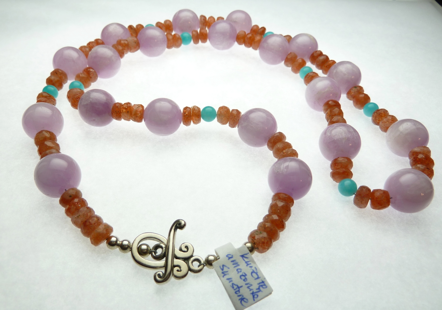 Scaled image P1060608.JPG: Kunzite, Sunstone, Amazonite, and Sterling Silver beads and clasp.� 